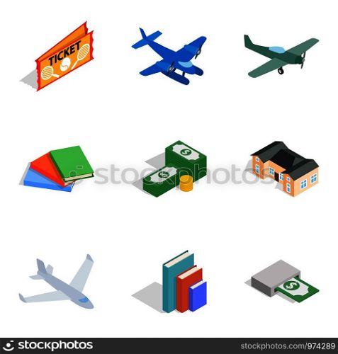 Variety money icons set. Isometric set of 9 variety money vector icons for web isolated on white background. Variety money icons set, isometric style