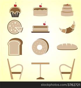 Variety of bakery color icons in coffee shop, stock vector