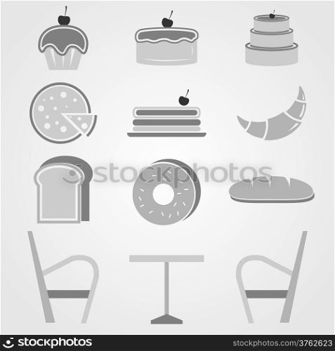 Variety of bakery icons in coffee shop, stock vector