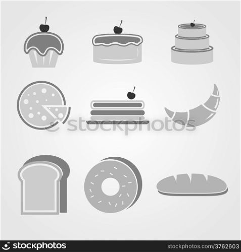 Variety of bakery icons on grey background, stock vector