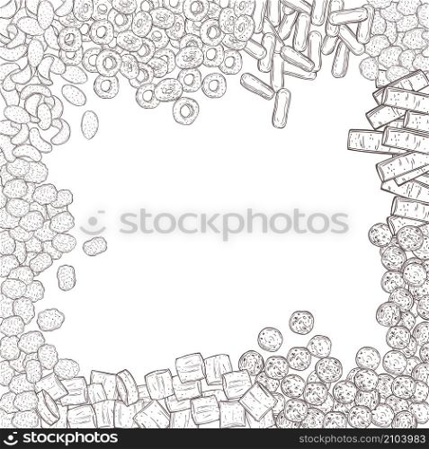 Variety of cold cereals, quick breakfast. Vector background. Hand drawn sketch illustration. Breakfast cereals. Vector illustration