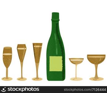 Variety of elegant champagne glasses and bottle isolated on white background. Festive decoration for holiday greeting card, postcard. Vector background. Variety of elegant champagne glasses and bottle isolated