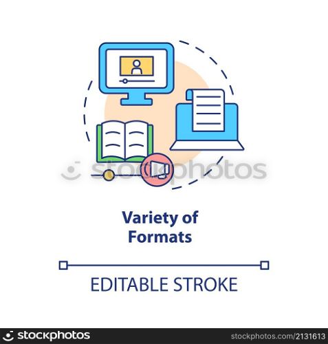 Variety of formats concept icon. Elearning platforms features abstract idea thin line illustration. Isolated outline drawing. Editable stroke. Roboto-Medium, Myriad Pro-Bold fonts used. Variety of formats concept icon