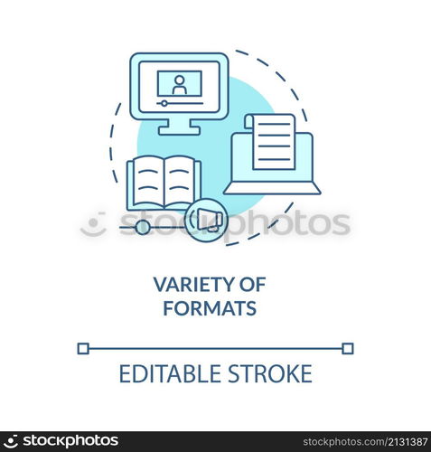 Variety of formats turquoise concept icon. Elearning platforms features abstract idea thin line illustration. Isolated outline drawing. Editable stroke. Roboto-Medium, Myriad Pro-Bold fonts used. Variety of formats turquoise concept icon