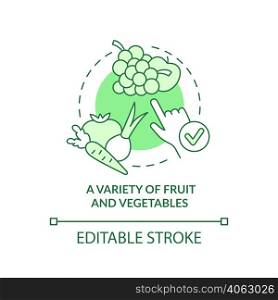 Variety of fruit and vegetables green concept icon. Tip for vegan lifestyle abstract idea thin line illustration. Isolated outline drawing. Editable stroke. Arial, Myriad Pro-Bold fonts used. Variety of fruit and vegetables green concept icon