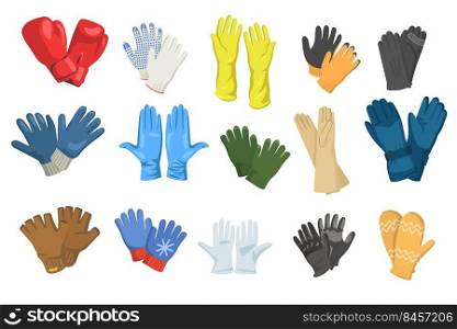 Variety of gloves flat pictures set for web design. Cartoon knitting mitts, mittens, protective and boxing gloves isolated vector illustration collection. Hands protection and winter clothes concept