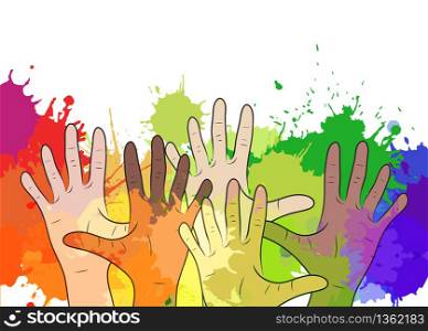 Variety of human hands on background of watercolor splashes. Vector element for your creativity. Variety of human hands on background of watercolor splashes. Vec
