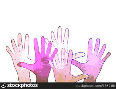 Variety of human hands with watercolor splashes. Vector element for your creativity. Variety of human hands with watercolor splashes. Vector element