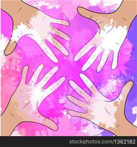Variety of human hands with watercolor splashes. Vector element for your creativity. Variety of human hands with watercolor splashes. Vector element