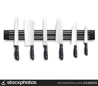 Variety of kitchen knives with black handle on magnetic strip on white background 3d vector illustration. Knives On Magnetic Strip 3D Illustration
