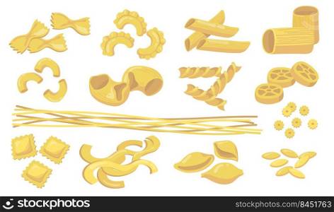 Variety of pasta set. Raw wheat macaroni, noodles, penne, ravioli, spaghetti isolated on white background. Vector illustration for ingredients, cooking, Italian cuisine, food concept