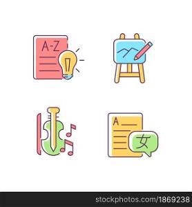 Variety of subjects in school RGB color icons set. Art classes. Music education. Learning foreign languages. Financial literacy. Isolated vector illustrations. Simple filled line drawings collection. Variety of subjects in school RGB color icons set