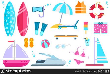Variety of things for entertainment on beach and water in flat design. Surfboard mask, bal, cocktail, yacht fins, buoy, windsurfing, swimwear, lifejacket slippers, scooter vector illustration.