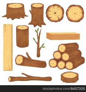 Variety of wood logs and trunks flat pictures set for web design. Cartoon wooden lumbers, planks and branches isolated vector illustration collection. Forestry construction materials concept