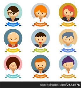 Variety Office Cartoon Character Avatars with Ribbons Isolated on White Background.