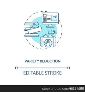 Variety reduction concept icon. Cost reduction strategy idea thin line illustration. Manufacturing crisis adaptation. Company optimization. Vector isolated outline RGB color drawing. Editable stroke. Variety reduction concept icon