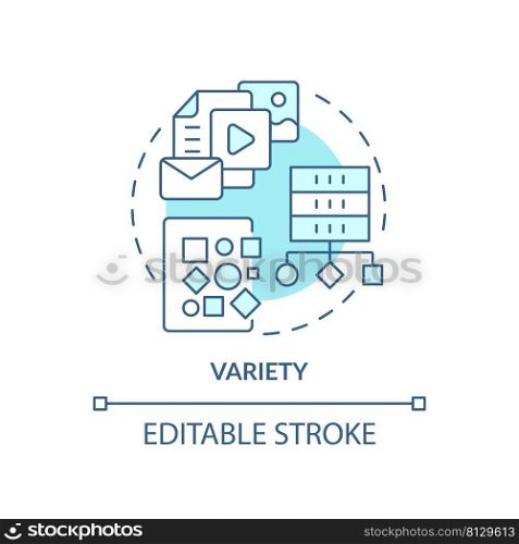 Variety turquoise concept icon. Big data characteristic abstract idea thin line illustration. Source of unstructured data. Isolated outline drawing. Editable stroke. Arial, Myriad Pro-Bold fonts used. Variety turquoise concept icon