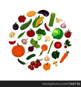Variety vegetables in a circle. Vegetarian organic healthy food banner. Vector illustration for design.. Variety vegetables in a circle. Vegetarian organic healthy food banner. Vector.