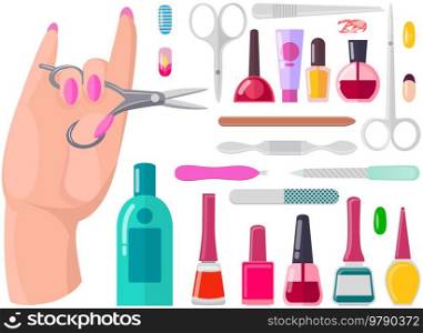 Various accessories and tools for manicure. Hand care products, manicure supplies. Equipment, scissors, nail clippers, polish and nail file. Manicurist supplies for working with nails and cuticles. Various accessories and tools for manicure. Hand care products, scissors, clippers, nail polish