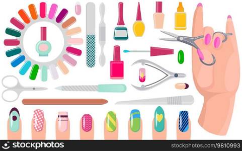 Various accessories and tools for manicure. Hand care products, manicure supplies. Equipment, scissors, nail clippers, polish and nail file. Manicurist supplies for working with nails and cuticles. Various accessories and tools for manicure. Hand care products, scissors, clippers, nail polish