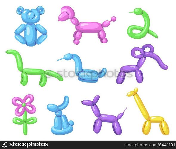 Various air balloon animals flat icon set. Cartoon cute dog, flower or toy with helium for children isolated vector illustration collection. Party and entertainment concept