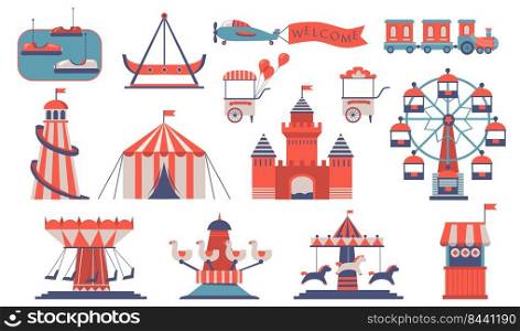 Various amusements and carousels flat icon set. Cartoon city funfair and playground for children isolated vector illustration collection. Fair and entertainment concept