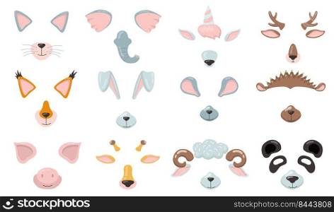 Various animal phone masks flat icon set. Cartoon cat, fox, pig, elephant, bunny, mouse ears, nose and eyes isolated vector illustration collection. Avatar design and smartphone application concept