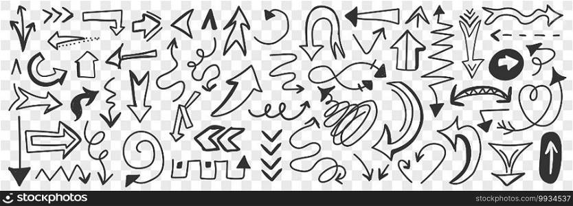 Various arrows and indicators doodle set. Collection of hand drawn arrows signs of different directions and shapes isolated on transparent background. Illustration of navigation symbols . Various arrows and indicators doodle set