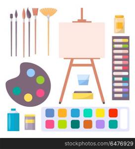 Various Art Supplies Set Isolated Illustration. Various art supplies set isolated vector illustration on white background. Cartoon style easel, watercolor paints, different brushes and palette
