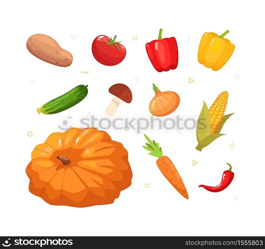 Various autumnal vegetables semi flat RGB color vector illustration set. Ripe pumpkin. Fresh peppers. Crop of potato. Farmer market products isolated cartoon object collection on white background. Various autumnal vegetables semi flat RGB color vector illustration set