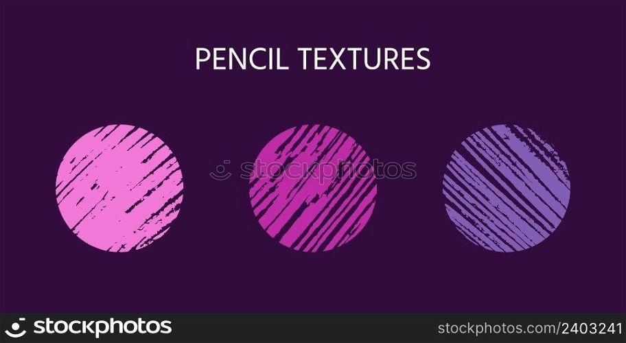 Various background traces made with pencil. Traced strokes, hatching. Abstract indication, pencil test doodles, purple, pink, violet, lilac. Clipart of simple hatches in round shapes. Colorful pencil doodle textures, backgrounds