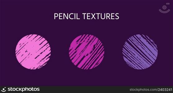 Various background traces made with pencil. Traced strokes, hatching. Abstract indication, pencil test doodles, purple, pink, violet, lilac. Clipart of simple hatches in round shapes. Colorful pencil doodle textures, backgrounds