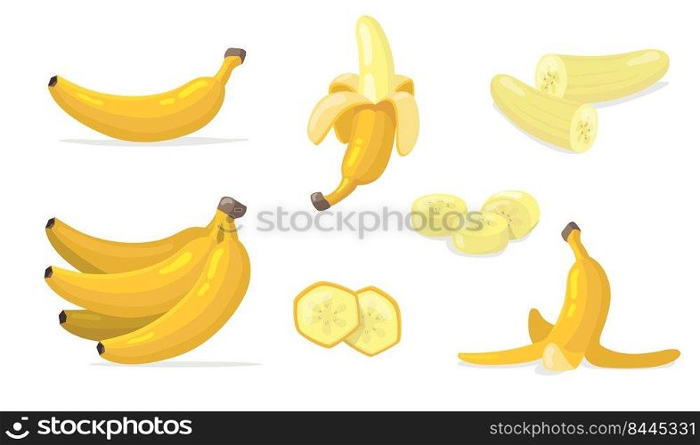 Various banana fruits flat icon set. Cartoon exotic natural dessert isolated vector illustration collection. Tropical plants and healthy food concept