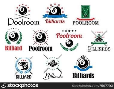 Various billiard game emblems and symbols set isolated on white with balls, crossed cues, laurel wreaths and decorative elements