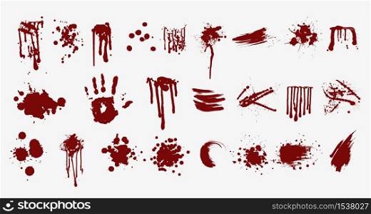 Various blood or paint splatters prints and splashes vector flat illustration. Set of abstract colorful red drops splashing elements isolated on white background. Various blood or paint splatters prints and splashes vector flat illustration
