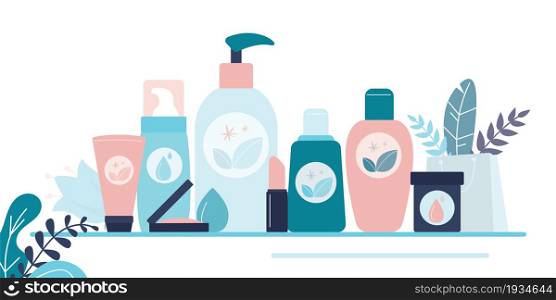 Various bottles and tubes for personal care. Organic cosmetic packaging. Body care products. Different containers for eco products. Concept of beauty,make up and natural. Flat vector illustration. Various bottles and tubes for personal care. Organic cosmetic packaging. Body care products. Different containers for eco products