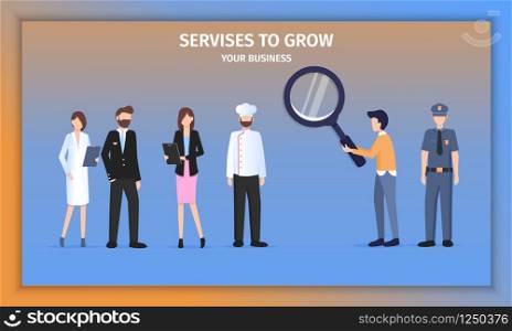 Various Business Career Character Choice Challenge. Different People Work Together in Uniform. Professional Stewardess Woman, Police Officer and Pilot Man Pose Banner Flat Cartoon Vector Illustration. Various Business Career Character Choice Challenge
