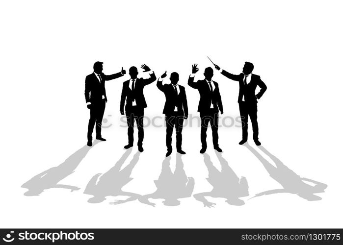 Various business man silhouettes over white background