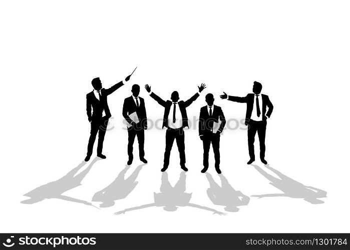 Various business man silhouettes over white background