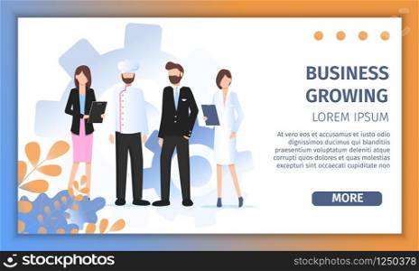 Various Career Character Growing Business Together. Professional Manager Woman Work in Uniform. Different Job Worker Doctor, Pilot Man and Restaurant Chef Pose Banner Flat Cartoon Vector Illustration. Various Career Character Growing Business Together