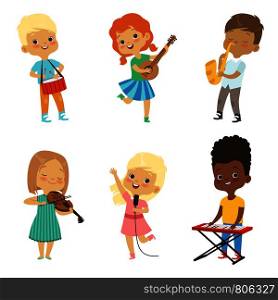 Various cartoon kids musicians. Musical happy children, entertainment and art hobby illustration. Various cartoon kids musicians