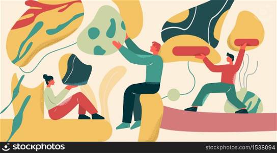 Various cartoon people holding smooth flowing colorful shapes vector flat illustration. Man and woman cooperation. Concept of teamwork, development, organization and management graphic design. Various cartoon people holding smooth flowing colorful shapes vector flat illustration