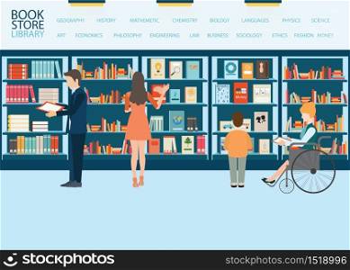 Various character of people in Bookstore or library with bookshelves, adult and teenager, business people and wheel chair of disabled woman, vector illustration.