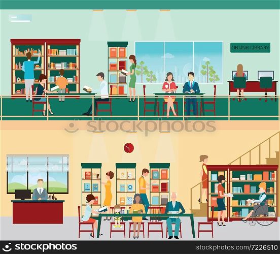 Various character of people in Bookstore or library with bookshelves, adult and teenager, business people and wheel chair of disabled woman, vector illustration.