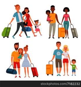 Various characters of happy family at summer travelling. Happy people with suitcase and bag illustration. Various characters of happy family at summer travelling