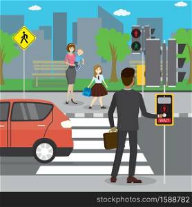Various citizens on crosswalk. Traffic lights and car on road. Urban view on background. Flat vector illustration
