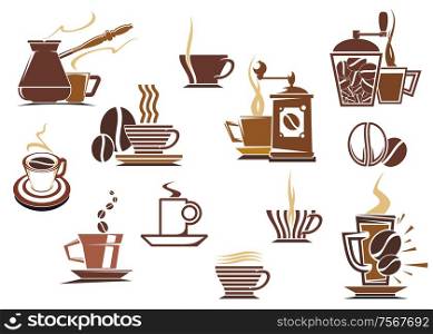 Various coffee icons in brown and white showing a coffee mill, percolator, cappuccino, latte, and assorted shaped mugs and cups of steaming coffee, vector illustration on white