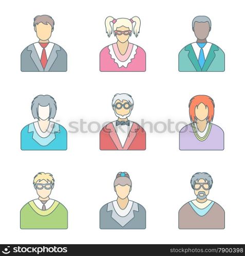 various color outline people in glasses icons set. vector color outline various people in glasses icons set
