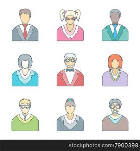 various color outline people in glasses icons set. vector color outline various people in glasses icons set