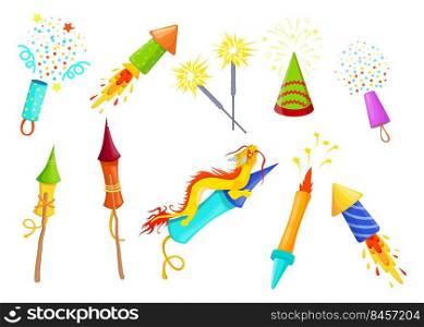 Various colorful firecrackers flat item set for web design. Cartoon bombs, crackers and rockets with fuse isolated vector illustration collection. Holiday and celebration concept